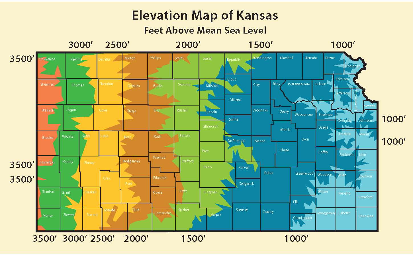 Kgs Color Elevation Map Of Kansas 1937